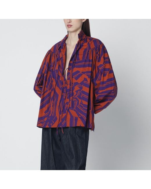 Dries Van Noten Red Loose Shirt With Ruffle Details And Crushed Stripe Print