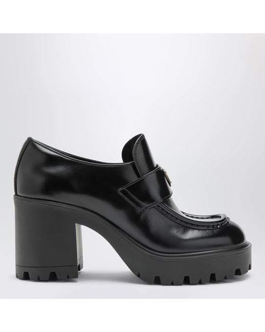 Prada Black Brushed Leather Heeled Loafers