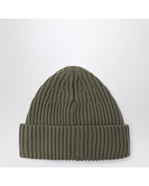 Stone Island Green Ribbed Wool Beanie With Compass Patch for men