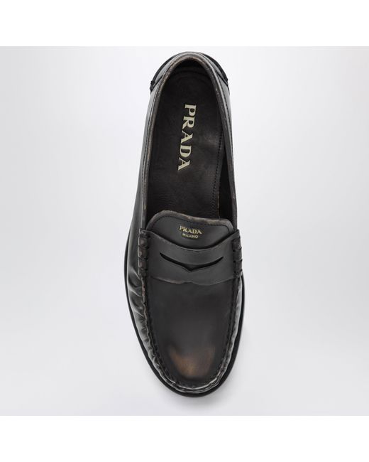 Prada Black Cognac Aged Leather Loafers for men