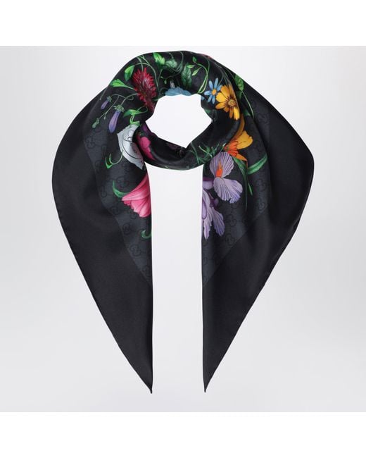 Gucci Black Silk Twill Carre With Gg Flora Print