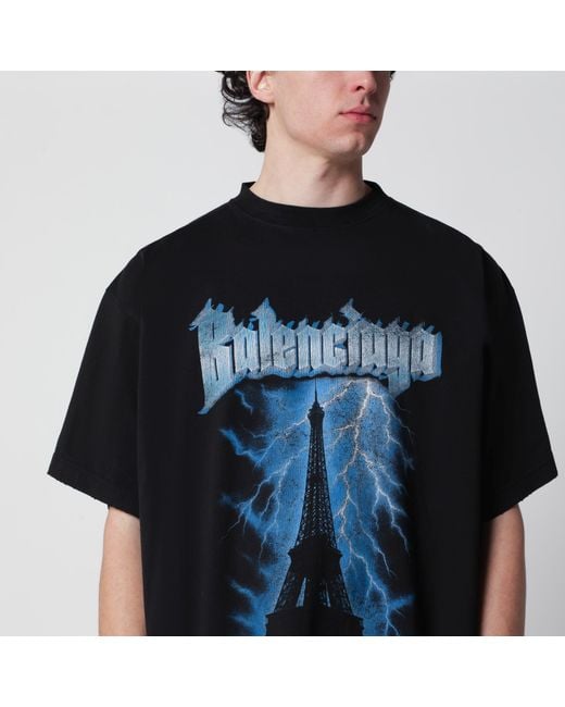 Balenciaga Black Paris Thunderstorm Oversized T-Shirt for men