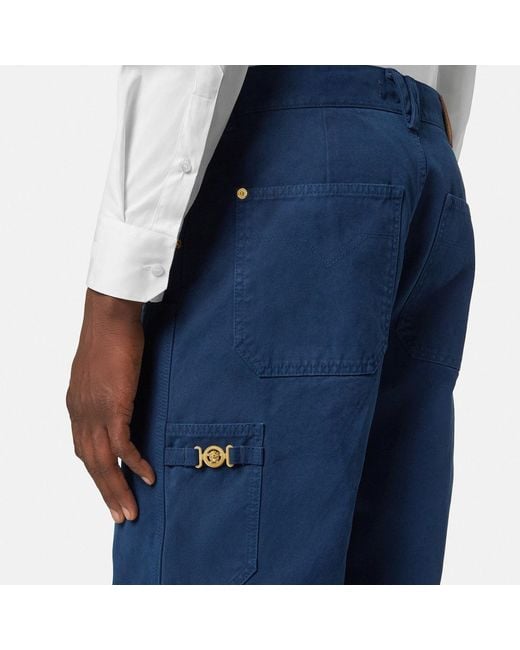 Versace Blue Petrol Cotton Carpenter Trousers for men