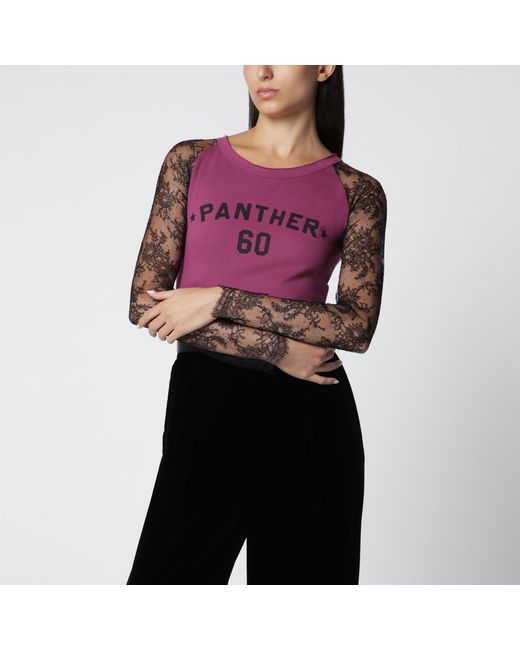 Valentino Purple Cyclamen Panther 60 T-Shirt With Lace Sleeves
