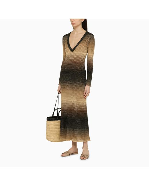 Roberto Collina Green Black/sand Linen Blend Long Dress