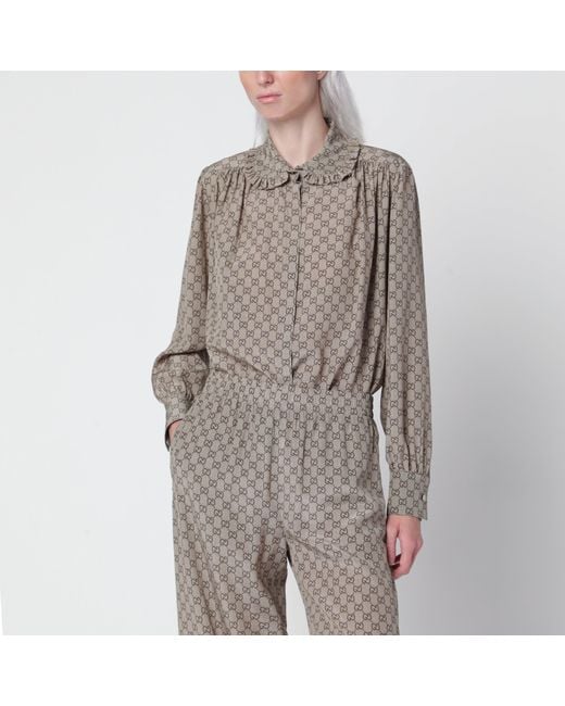 Gucci Brown Gg Print Silk Crêpe De Chine Shirt