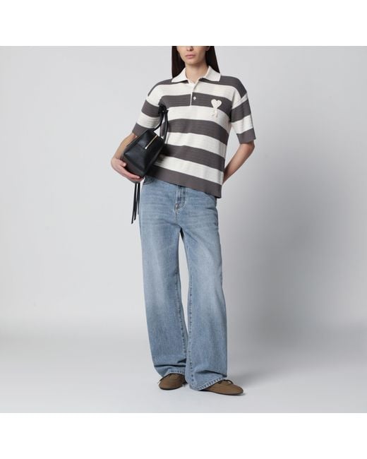 AMI Gray Ami De Coeur Striped Cotton Knit Polo Shirt