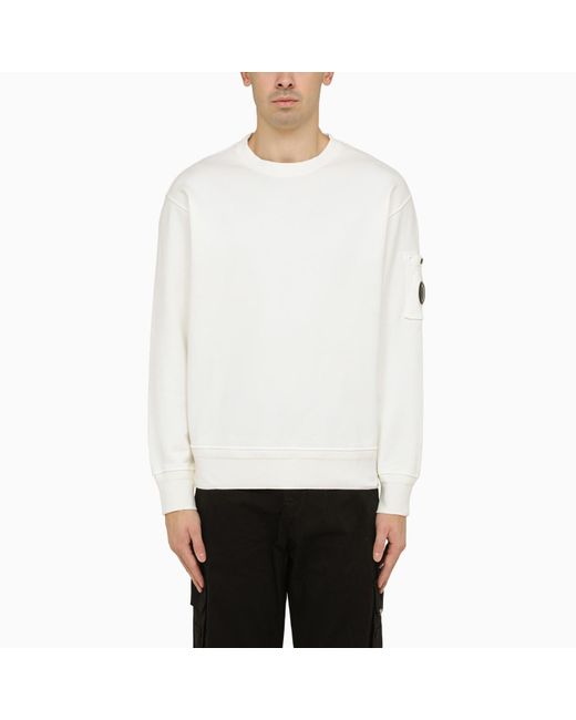 C P Company White Gauze-Coloured Crewneck Sweater With Lens Detail for men