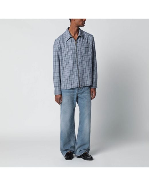 Versace Blue Light Zip-Up Checked Shirt for men