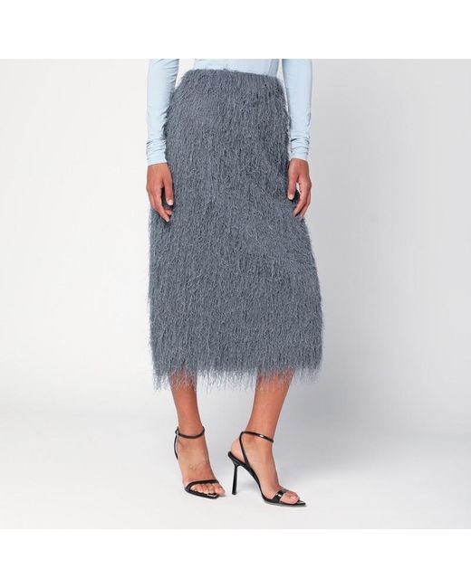 Dries Van Noten Blue Dark Midi Skirt With Fringes