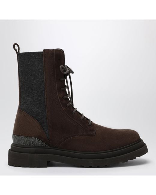 Brunello Cucinelli Brown Espresso Suede Boots With Virgin Wool Insert