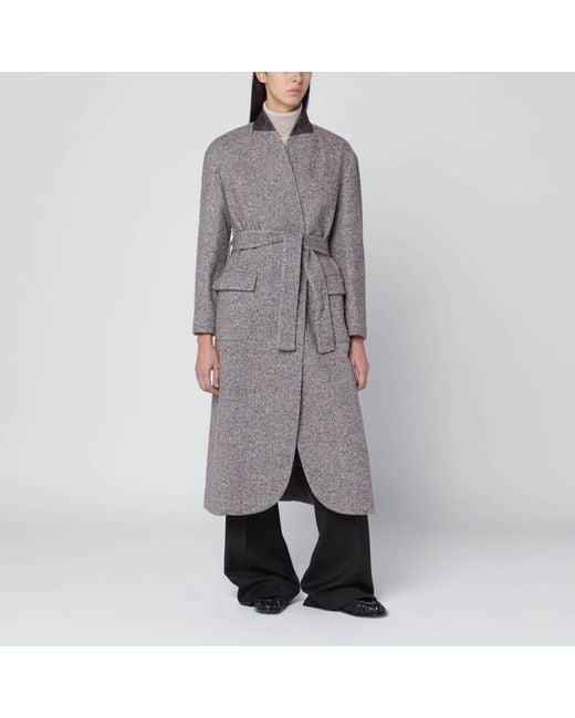 Brunello Cucinelli Gray Mélange Wool-Blend Coat With Belt