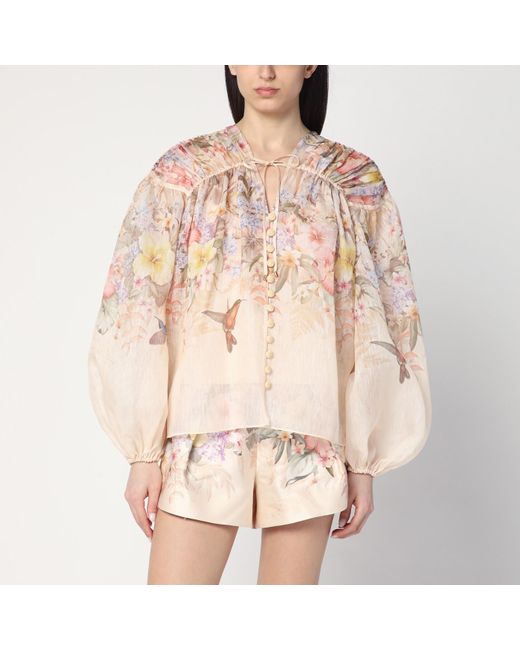 Zimmermann Natural Illuminate Drawn Blouse With Floral Print