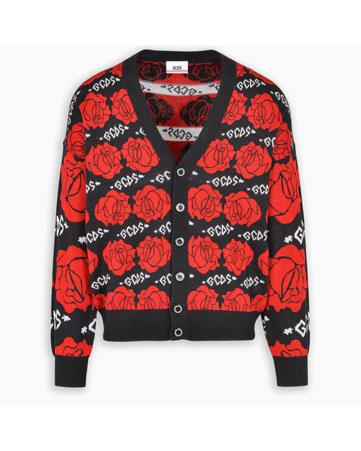 Gcds Wool Black Cardigan With Roses for Men - Lyst