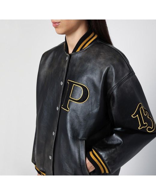 Prada Black Schwarze Bomberjacke Aus Vintage-Leder Mit Aufnäher