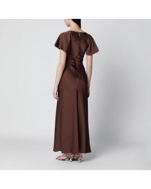 ROTATE BIRGER CHRISTENSEN Brown Long Satin Dress With Flutter Sleeves