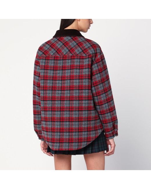 Miu Miu Red Shirt-Style Down Jacket With Slate/ Check Pattern