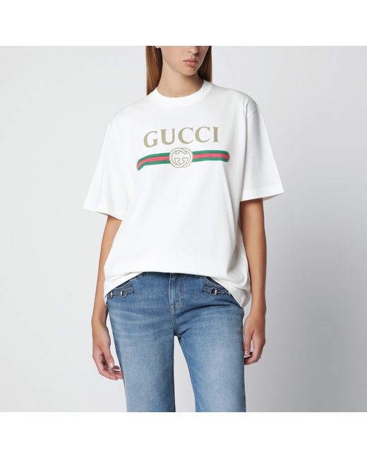 Gucci White Cotton And Silk Jersey T-Shirt With Logo Print