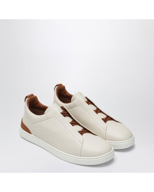 Zegna White Triple Stitch Leather Sneakers for men