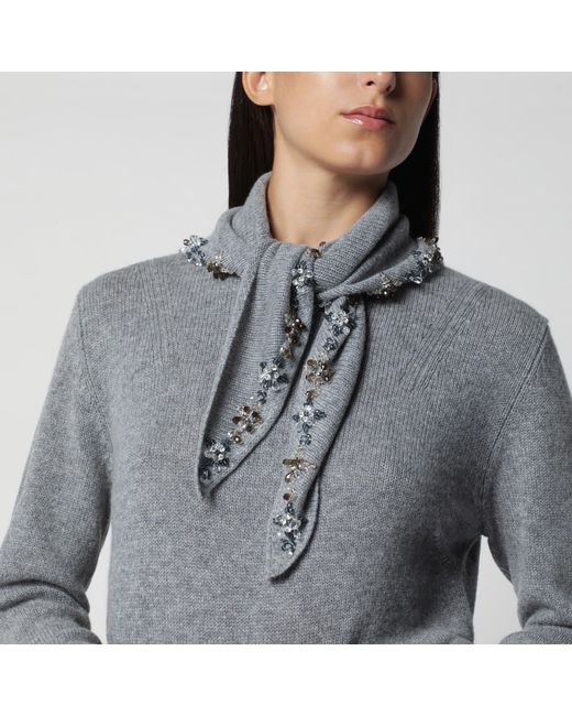 Prada Gray Cashmere Sweater With Jeweled Scarf