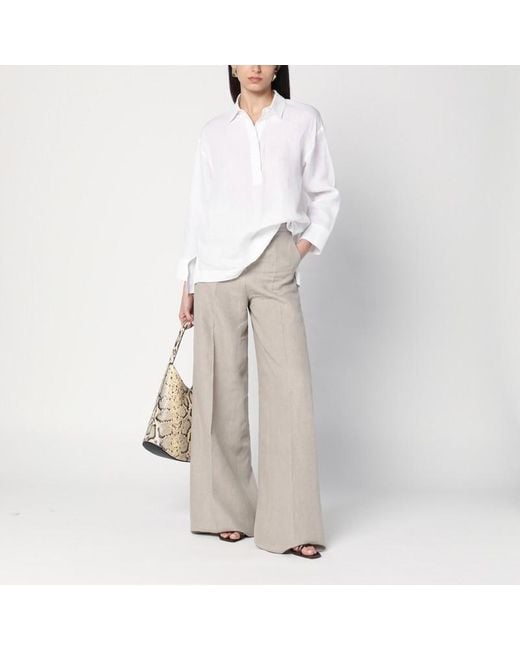 Max Mara Gray Wide Trousers In Linen Canvas