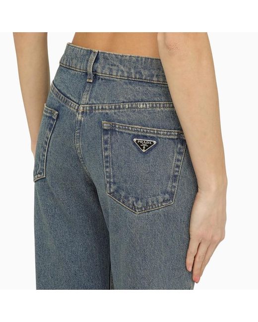 Jeans medio in denim con logo di Prada in Blue