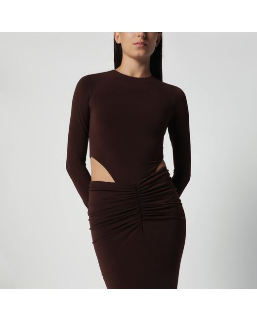 ANDAMANE Brown Midi Dress With Waist Cut-Out Detail
