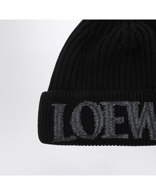 Loewe Black Wool Beanie With Logo Embroidery for men