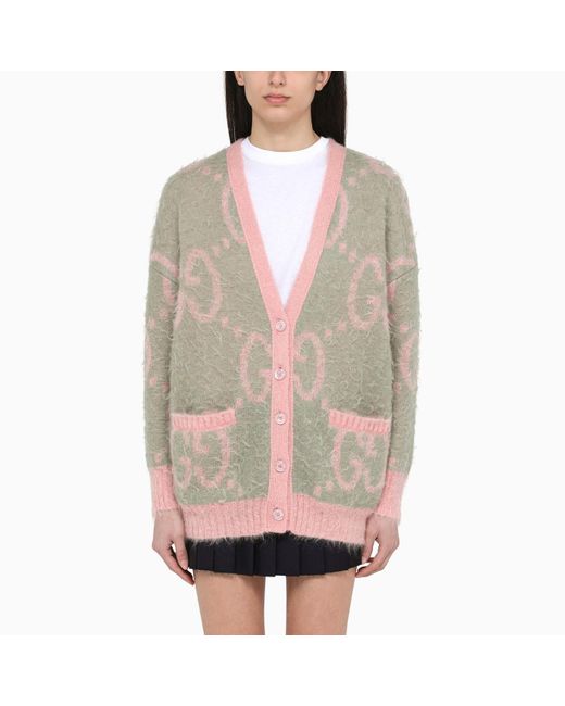 Gucci Gray Reversible Cardigan With gg Inlay Grey/pink