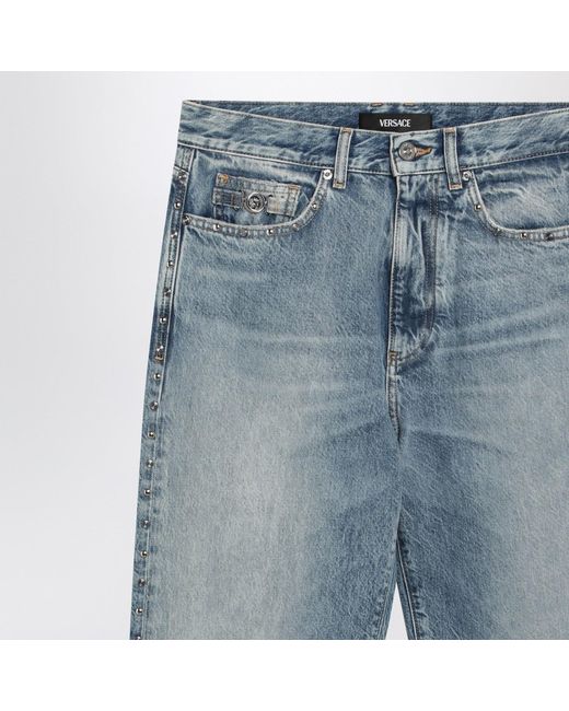 Versace Blue Washed-Effect Jeans With Small Studs for men