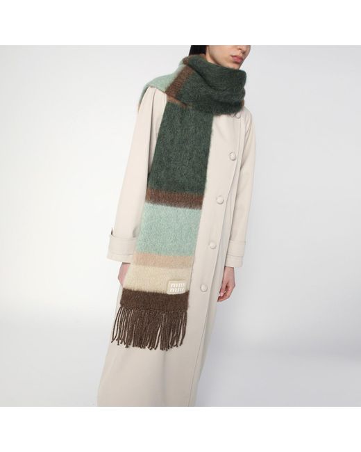 Miu Miu Green Striped Wool Scarf With Fringes