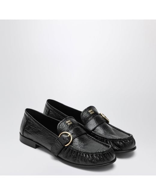 Miu Miu Black Leather Loafers With Crinkled Vintage-Effect Finish