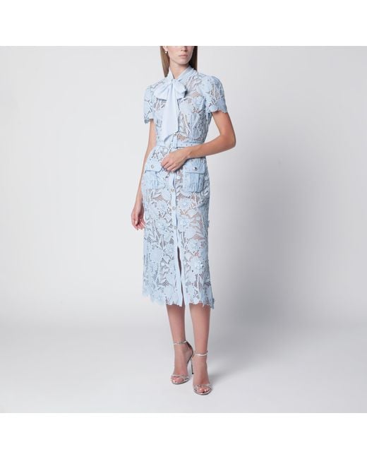 Self-Portrait Blue Tie-Neck Lace Midi Dress