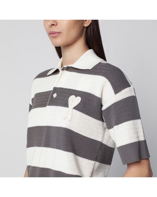 AMI Gray Ami De Coeur Striped Cotton Knit Polo Shirt