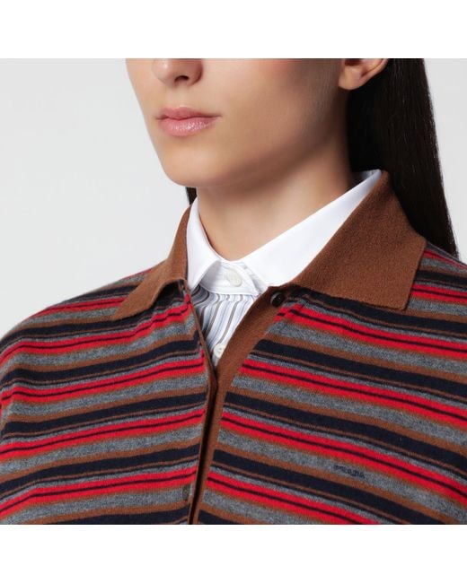 Prada Red Striped Tobacco And Slate Cashmere Polo Shirt