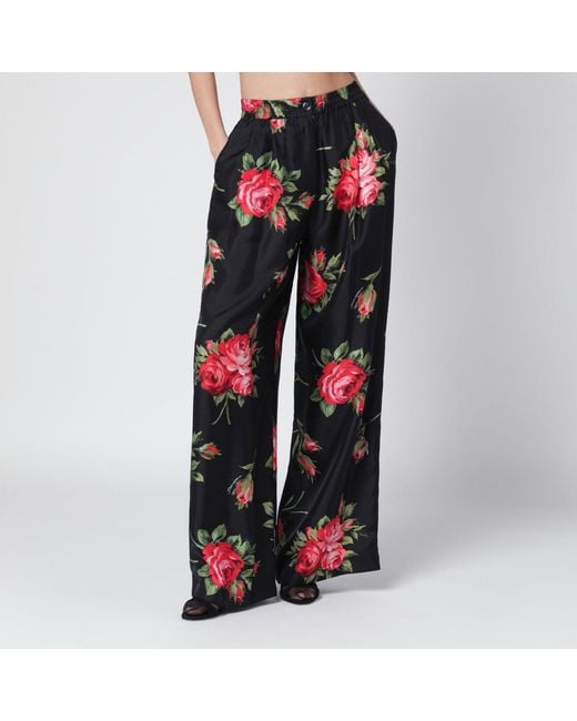 Dolce & Gabbana Red Wide Twill Trousers With Rose Bouquet Print