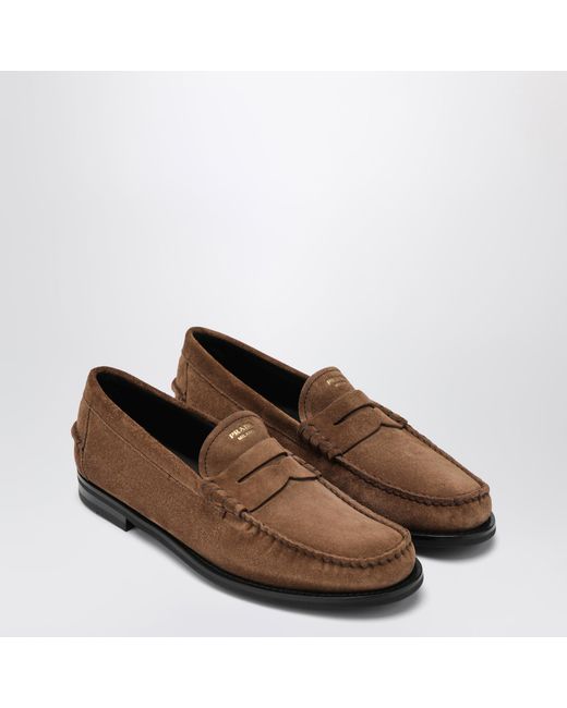Prada Brown Cacao Aged-Effect Suede Loafers for men