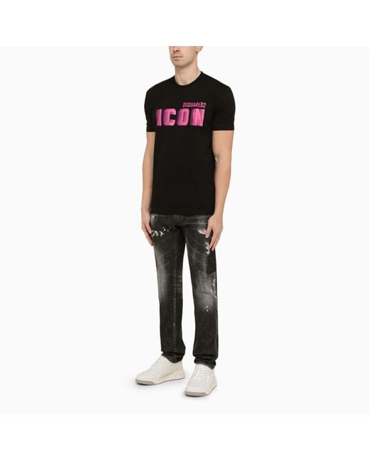 DSquared² Black Crew Neck T Shirt With Pink Icon Print for men