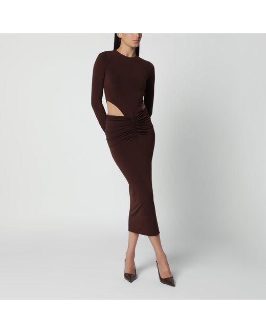 ANDAMANE Brown Midi Dress With Waist Cut-Out Detail