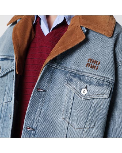 Miu Miu Blue Washed Denim Jacket With Suede Collar