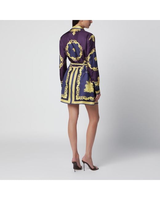 Versace Blue Eggplant Chemisier Mini Dress With Baroque Print