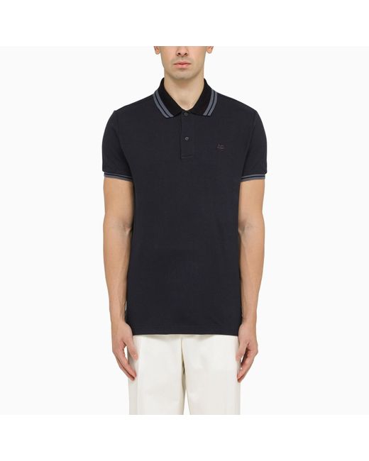 Etro Black Blue Short Sleeved Polo Shirt With Logo Embroidery for men