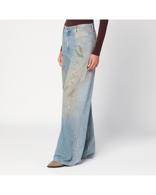Golden Goose Deluxe Brand Blue Wide Light Jeans, Sand-Wash Distressed Effect