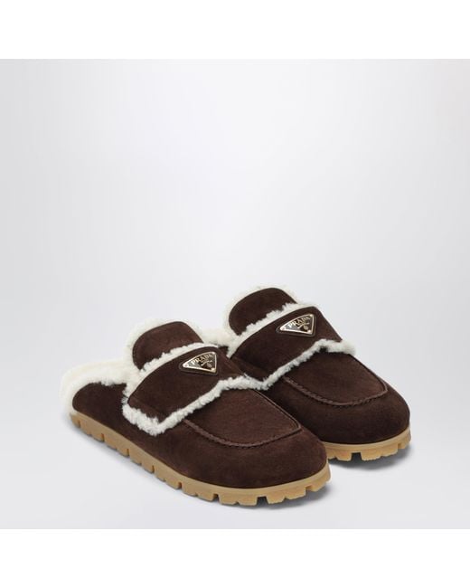 Prada Brown Suede And Shearling Clogs