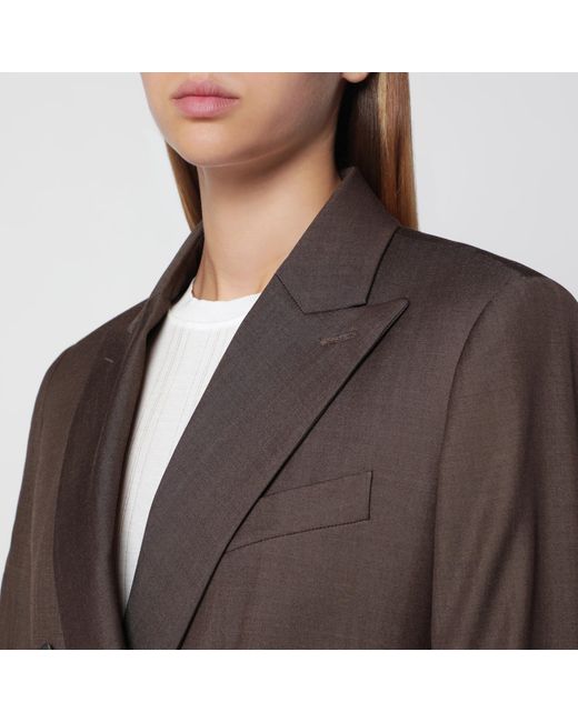 Max Mara Brown Leather Double-Breasted Wool Jacket