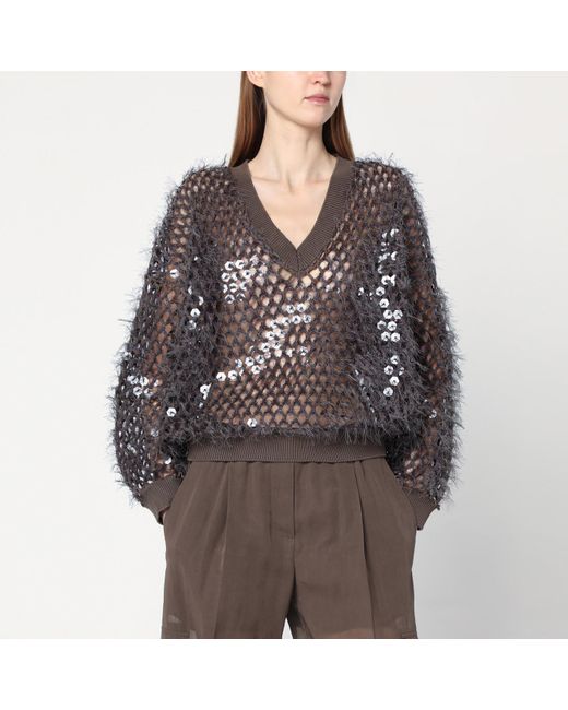 Brunello Cucinelli Gray Chocolate Mesh Top With Sequins