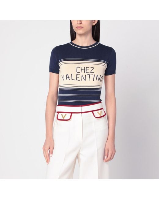 Valentino Blue Ribbed Top With Chez Embroidery