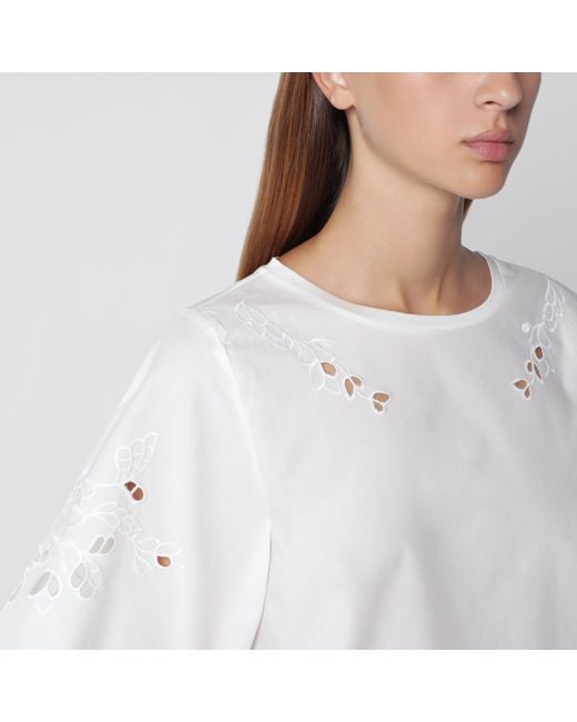 Weekend by Maxmara White Cotton T-Shirt With Openwork Embroidery