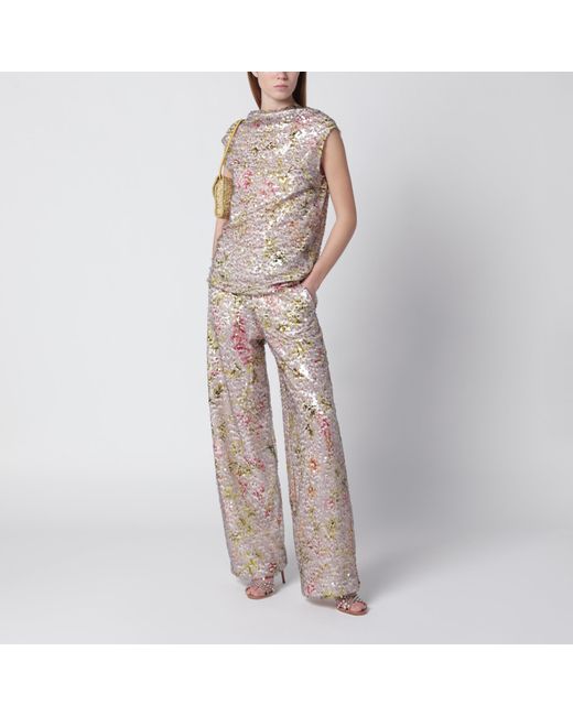 Alberta Ferretti Brown Sleeveless High-Neck Top With A Floral Sequin Pattern