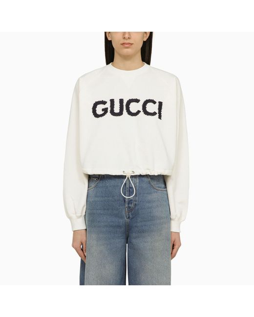 Gucci Short White Cotton Sweatshirt With Drawstring